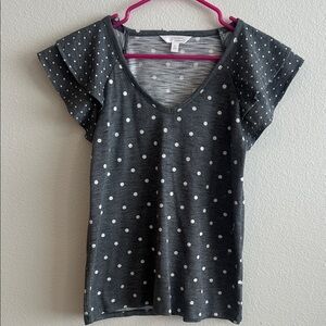 LC Lauren Conrad Charcoal Gray Polka Dot Flutter Sleeve Tee S